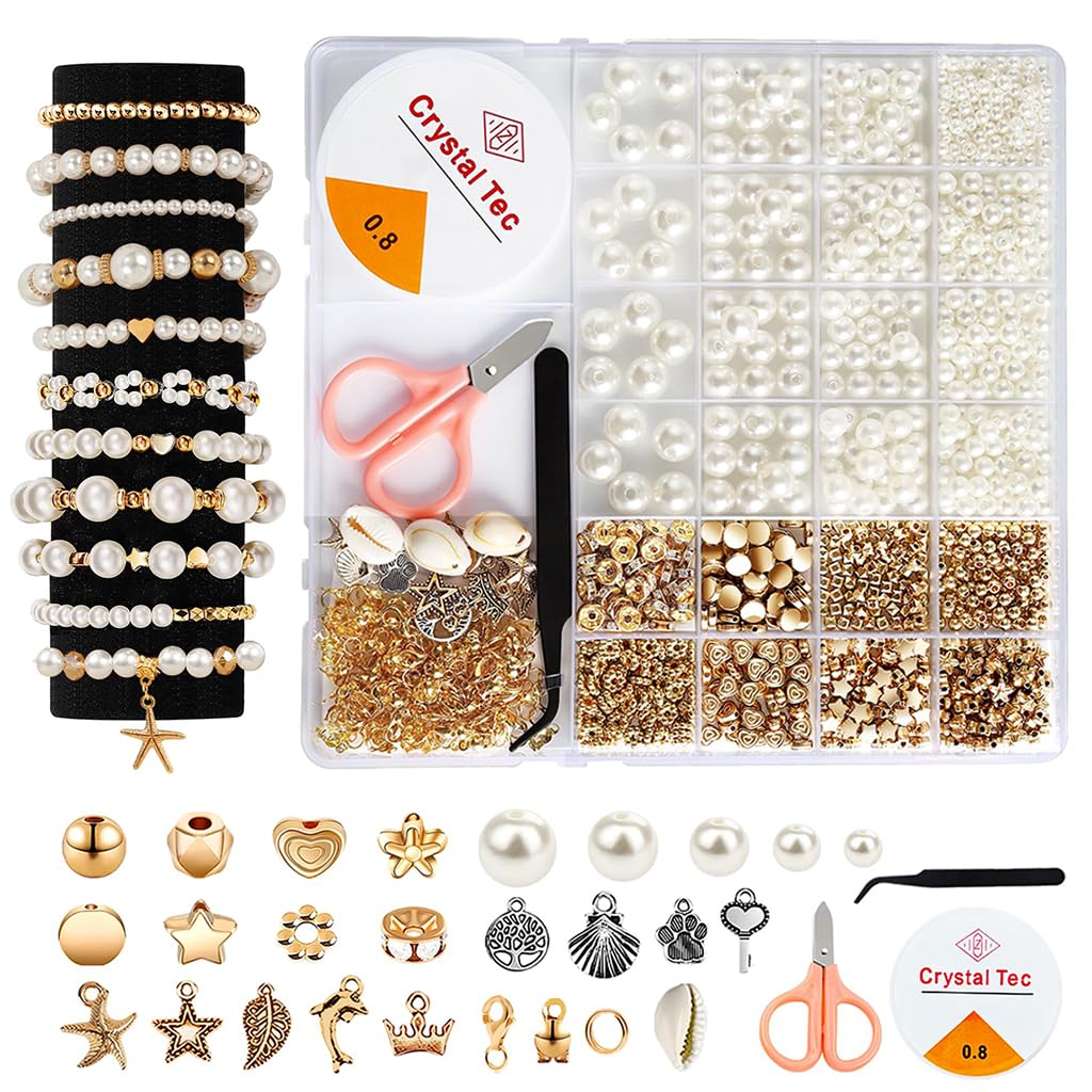 SANNIDHI 1200 Pcs Pearl Beads and Gold Spacer Beads Set for Jewelry Bracelet Making Kit with String and Charms for Girls Kids Adult DIY Art and Craft for Friendship Bracelet Necklace SANNIDHI 1200 Pcs Pearl Beads and Gold Spacer Beads Set for Jewelry Bracelet Making Kit with String and Charms for Girls Kids Adult DIY Art and Craft for Friendship Bracelet Necklace